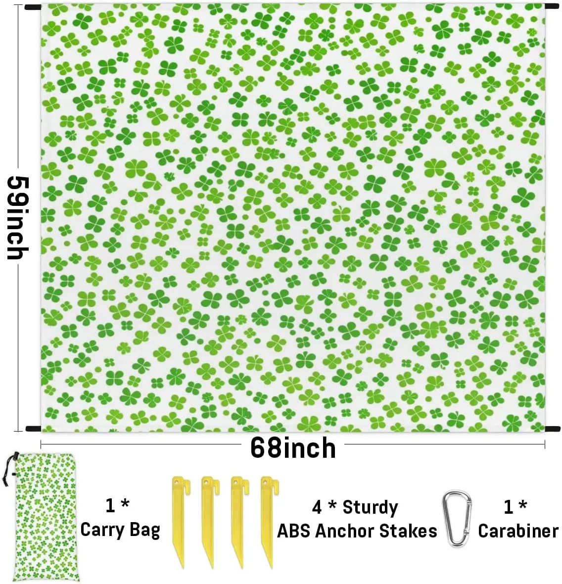 St. Patrick's Day Beach Blanket, Sandproof Beach Mat, Adults Waterproof Quick Drying Sand Free Mat with 4 x Ground Spikes for Outdoor Travel Camping Hiking, Green Shamrock Clover Leaves