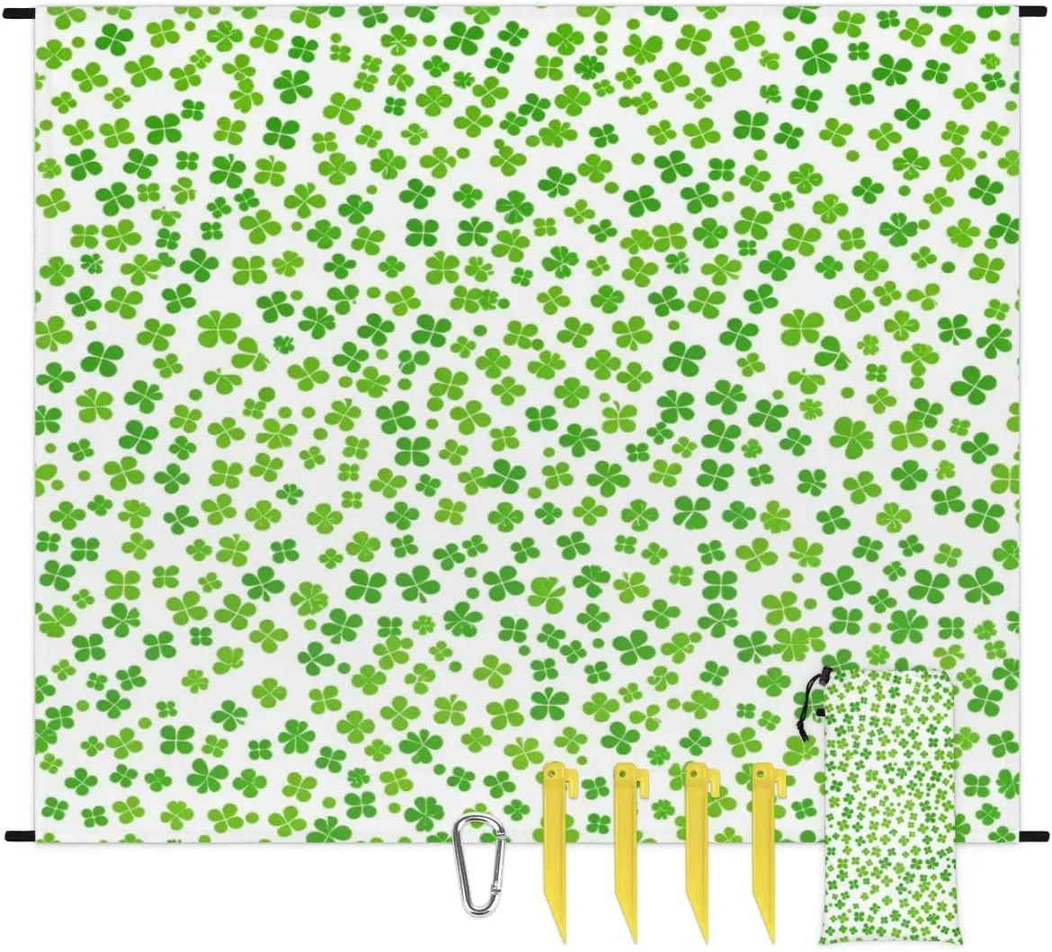 St. Patrick's Day Beach Blanket, Sandproof Beach Mat, Adults Waterproof Quick Drying Sand Free Mat with 4 x Ground Spikes for Outdoor Travel Camping Hiking, Green Shamrock Clover Leaves