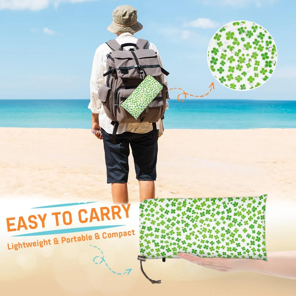 St. Patrick's Day Beach Blanket, Sandproof Beach Mat, Adults Waterproof Quick Drying Sand Free Mat with 4 x Ground Spikes for Outdoor Travel Camping Hiking, Green Shamrock Clover Leaves