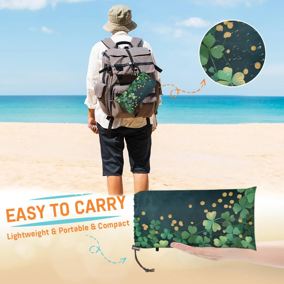 St Patricks Day Beach Blanket, Sandproof Beach Mat, Adults Waterproof Quick Drying Sand Free Mat with 4 x Ground Spikes for Outdoor Travel Camping Hiking, Green Shamrock Clover