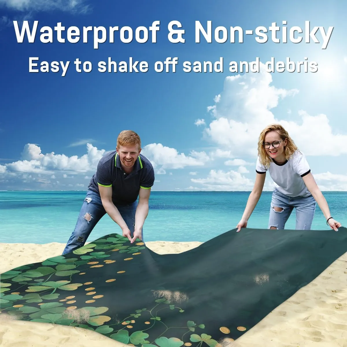 St Patricks Day Beach Blanket, Sandproof Beach Mat, Adults Waterproof Quick Drying Sand Free Mat with 4 x Ground Spikes for Outdoor Travel Camping Hiking, Green Shamrock Clover