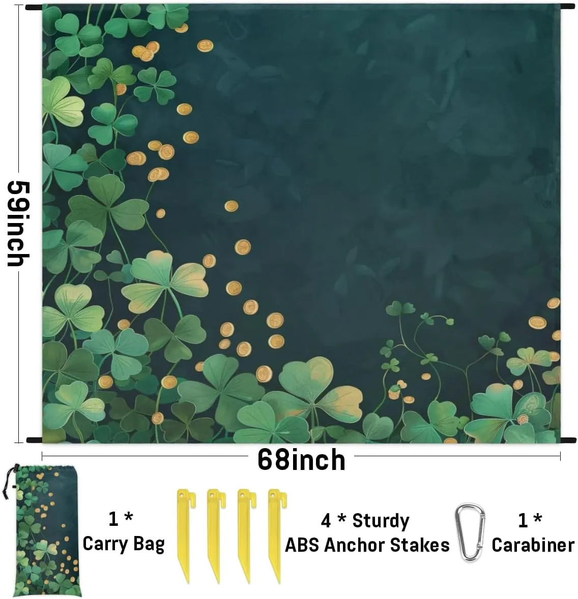 St Patricks Day Beach Blanket, Sandproof Beach Mat, Adults Waterproof Quick Drying Sand Free Mat with 4 x Ground Spikes for Outdoor Travel Camping Hiking, Green Shamrock Clover