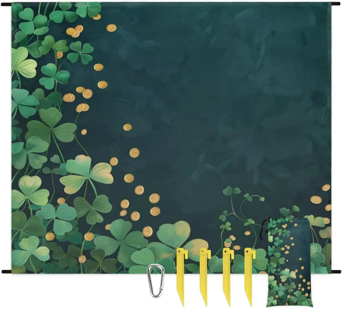 St Patricks Day Beach Blanket, Sandproof Beach Mat, Adults Waterproof Quick Drying Sand Free Mat with 4 x Ground Spikes for Outdoor Travel Camping Hiking, Green Shamrock Clover