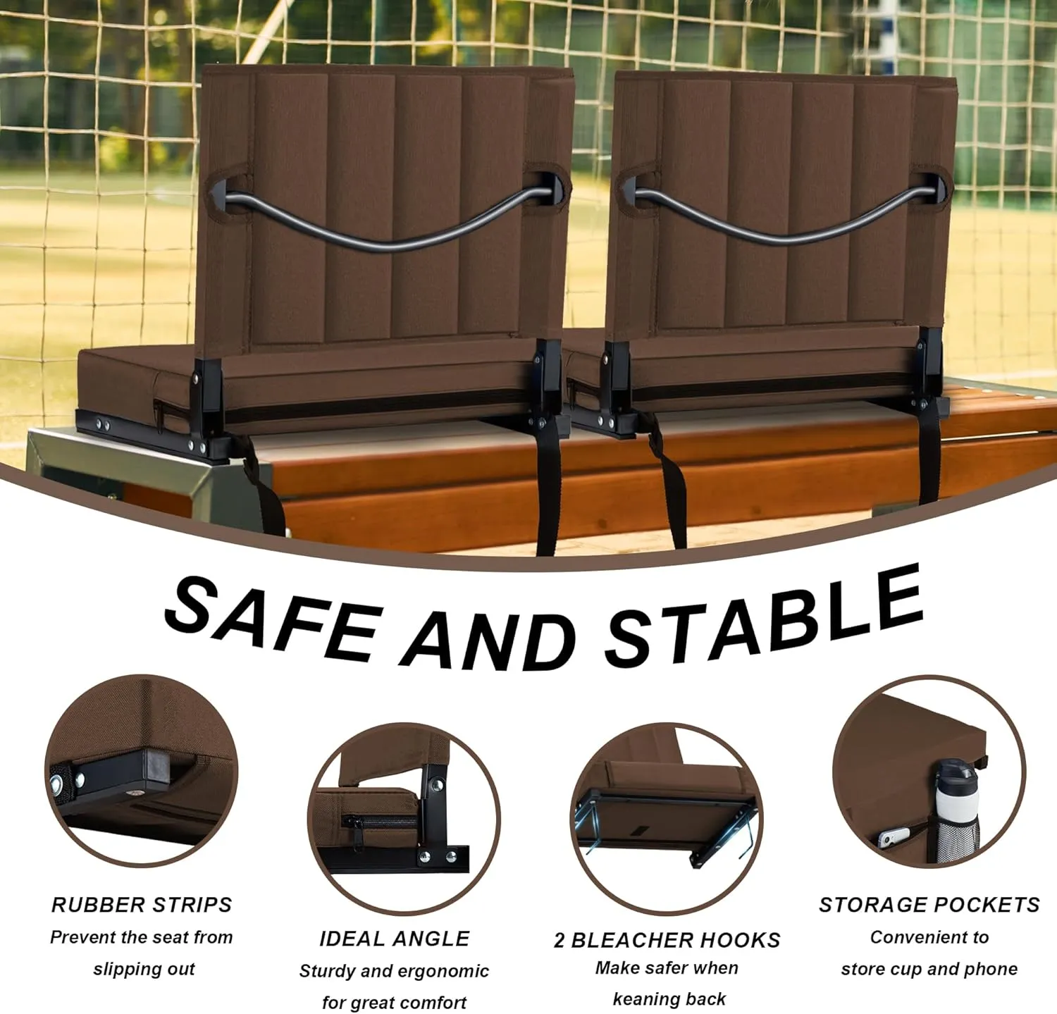 Stadium Seat for Bleachers with Back Support and Cushion, Bleacher Seats with Shoulder Strap and Cup Holder, Padded Portable Folding Comfort Stadium Chair, for Sports Events, Brown (1pcs)