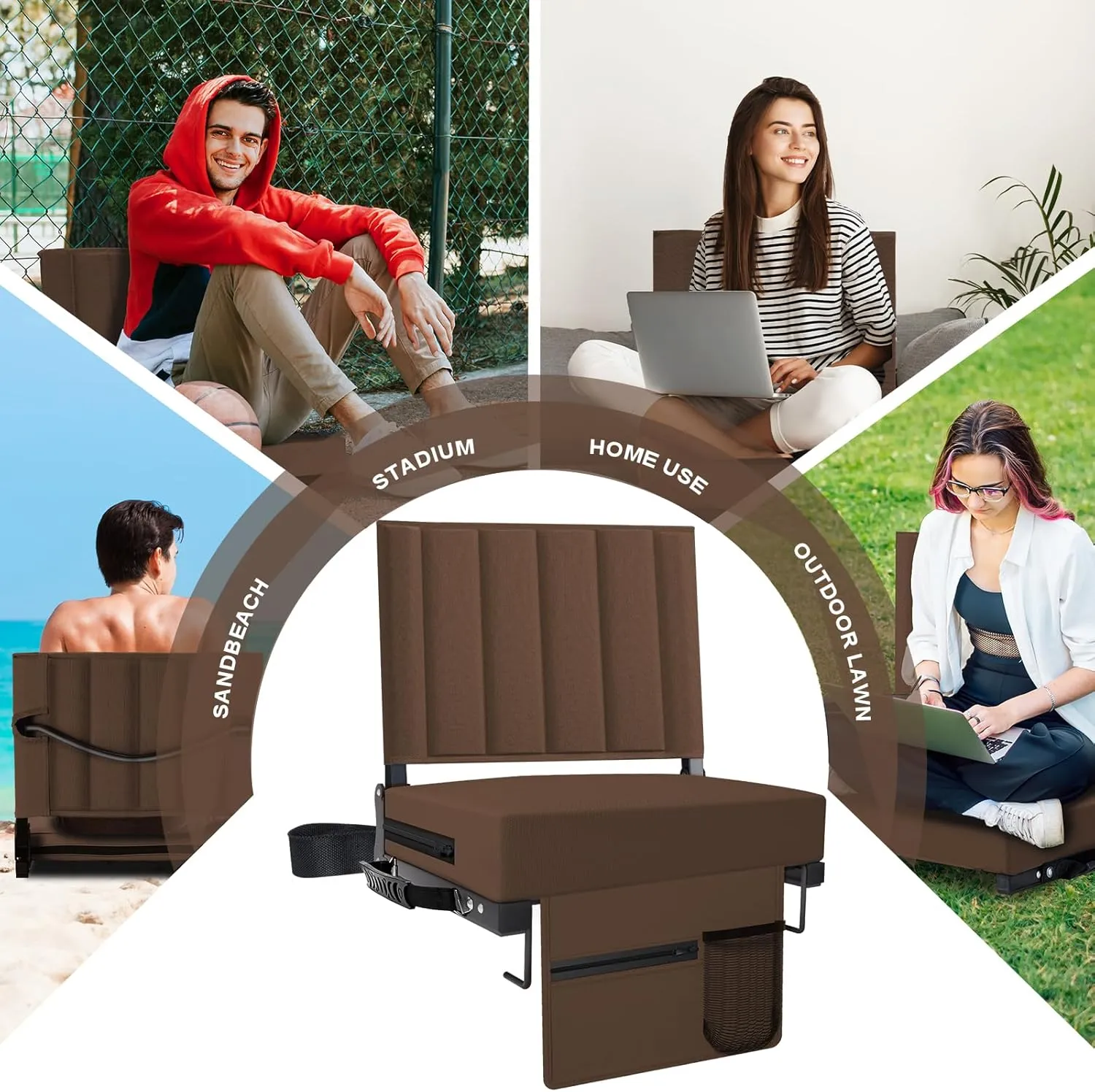 Stadium Seat for Bleachers with Back Support and Cushion, Bleacher Seats with Shoulder Strap and Cup Holder, Padded Portable Folding Comfort Stadium Chair, for Sports Events, Brown (1pcs)