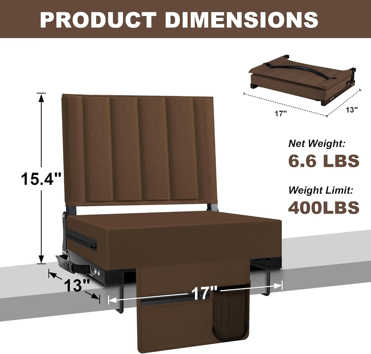 Stadium Seat for Bleachers with Back Support and Cushion, Bleacher Seats with Shoulder Strap and Cup Holder, Padded Portable Folding Comfort Stadium Chair, for Sports Events, Brown (1pcs)