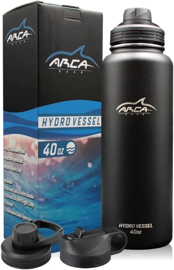 Stainless Steel Water Bottle With 2 Lids (Straw & Sport) - Sport Bottles for Men, Women & Kids - Double Walled, Insulated Thermos (Black, 40 oz)