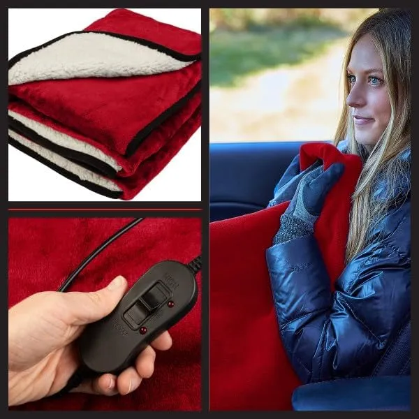 Stalwart Heated Car Blanket - 12V Heated Blanket for Car, Truck, RV or Camping - 59x43” Portable Electric Travel Throw - 2 Heat Levels - Tailgating Essentials (Red)