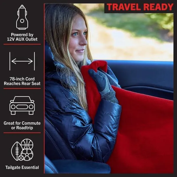 Stalwart Heated Car Blanket - 12V Heated Blanket for Car, Truck, RV or Camping - 59x43” Portable Electric Travel Throw - 2 Heat Levels - Tailgating Essentials (Red)