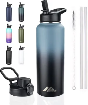StarSpeed 40oz Insulated Water Bottle with Straws & 2 Lids, Stainless Steel Double Walled Vacuum Water Flask, Wide Mouth Sports Water Bottle for Gym Camping Hiking, Indigo Black