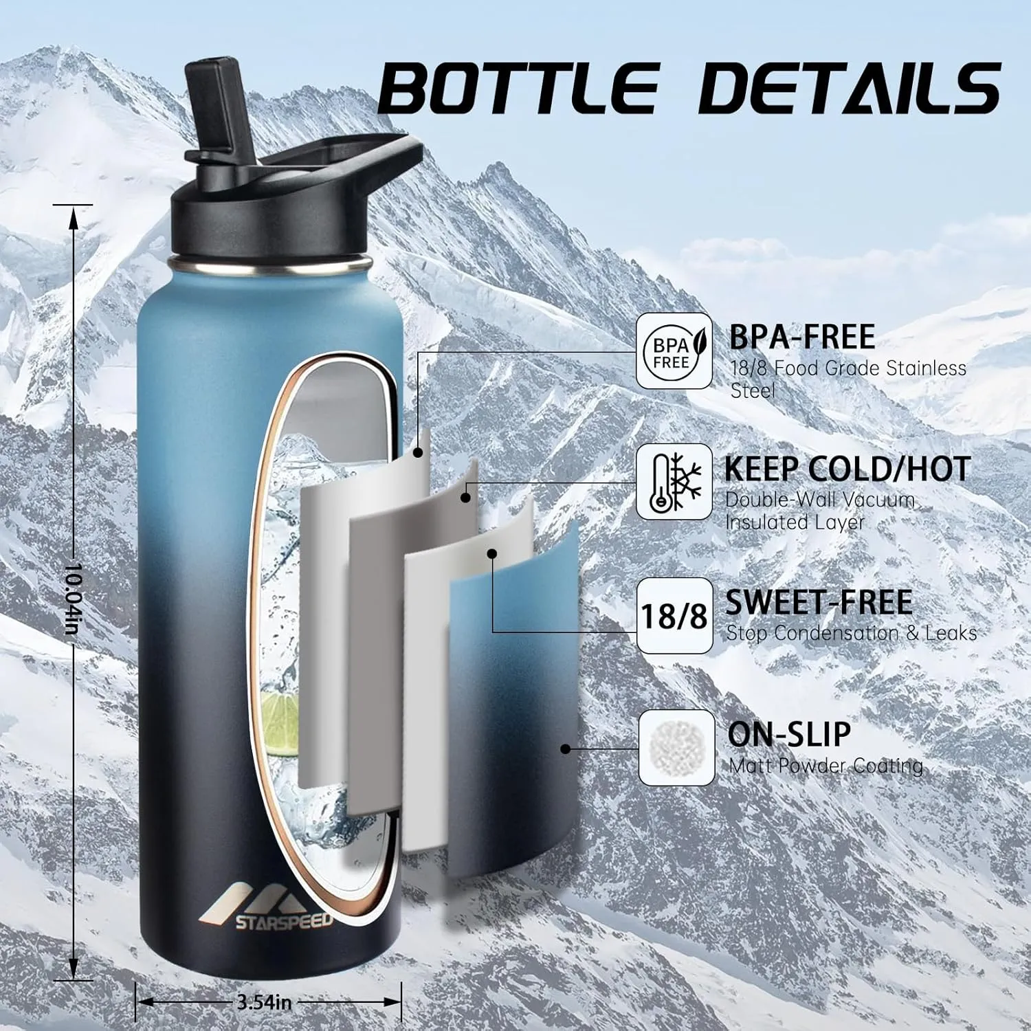 StarSpeed 40oz Insulated Water Bottle with Straws & 2 Lids, Stainless Steel Double Walled Vacuum Water Flask, Wide Mouth Sports Water Bottle for Gym Camping Hiking, Indigo Black