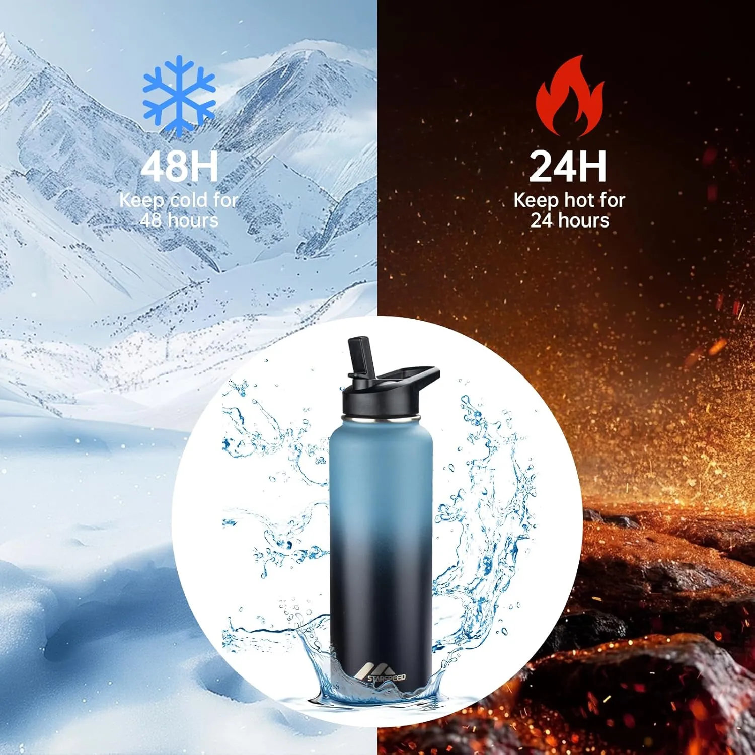 StarSpeed 40oz Insulated Water Bottle with Straws & 2 Lids, Stainless Steel Double Walled Vacuum Water Flask, Wide Mouth Sports Water Bottle for Gym Camping Hiking, Indigo Black