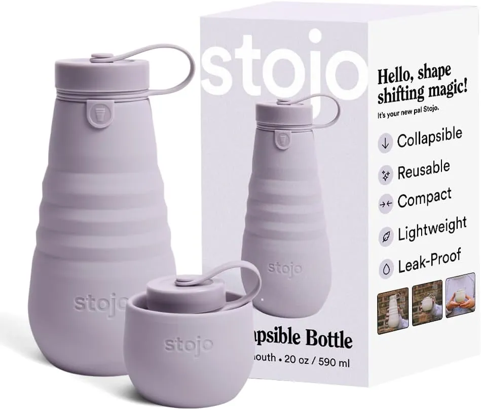 STOJO Collapsible Water Bottle – Lilac Purple, 20oz / 592ml - Leak-Proof Reusable Silicone Travel Cup for Hot & Cold Drinks - Microwave & Dishwasher Safe