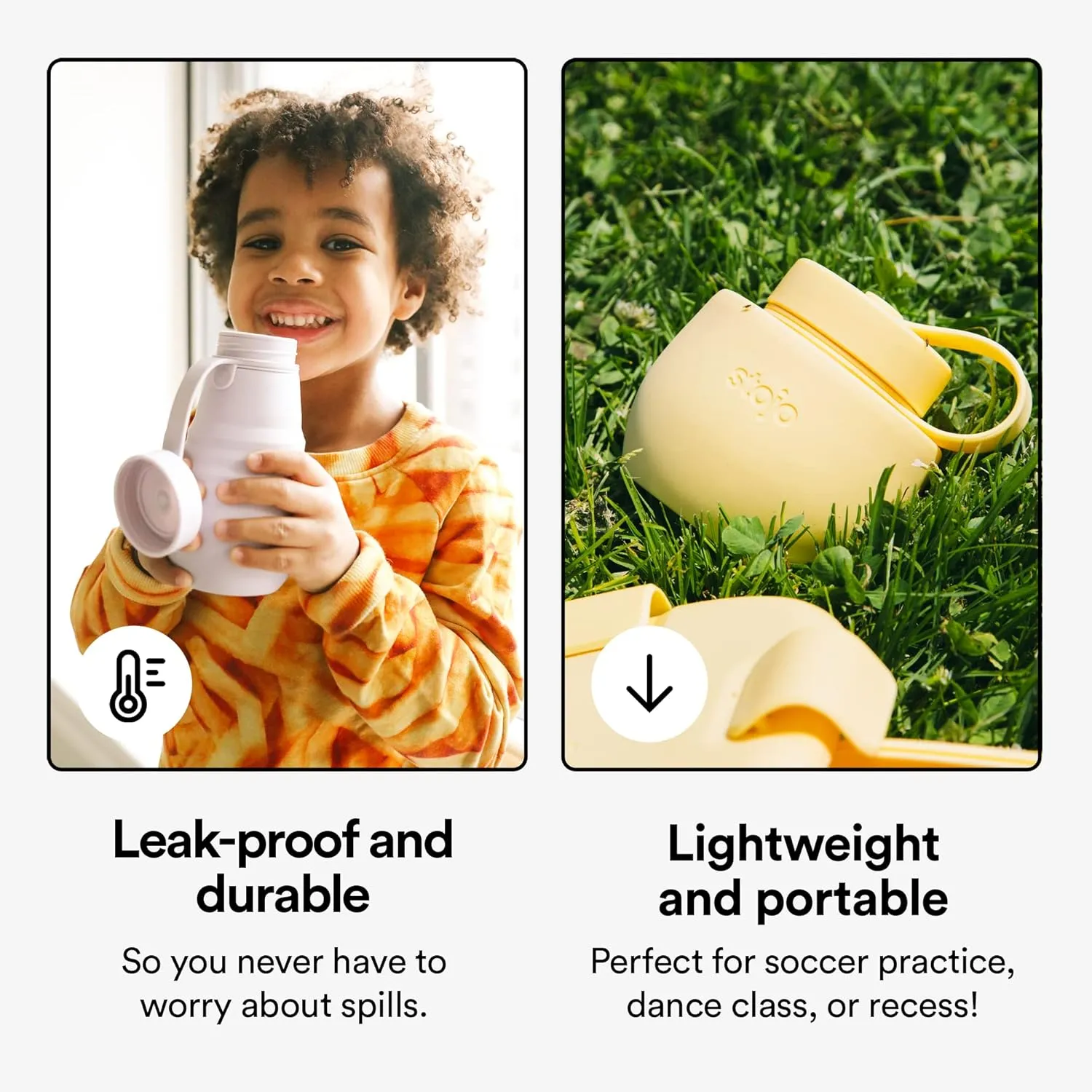 STOJO Jr Collapsible Bottle for Kids - Mimosa Yellow, 14oz / 400ml - Leak-Proof Reusable Silicone Travel Cup for Hot & Cold Drinks -On-The-Go Camping & Hiking - Microwave & Dishwasher Safe