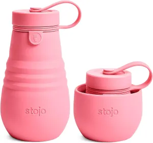 STOJO Jr Collapsible Bottle for Kids - Peony Pink, 14oz / 400ml - Leak-Proof Reusable Silicone Travel Cup for Hot & Cold Drinks - For Home, On-The-Go Camping & Hiking - Microwave & Dishwasher Safe
