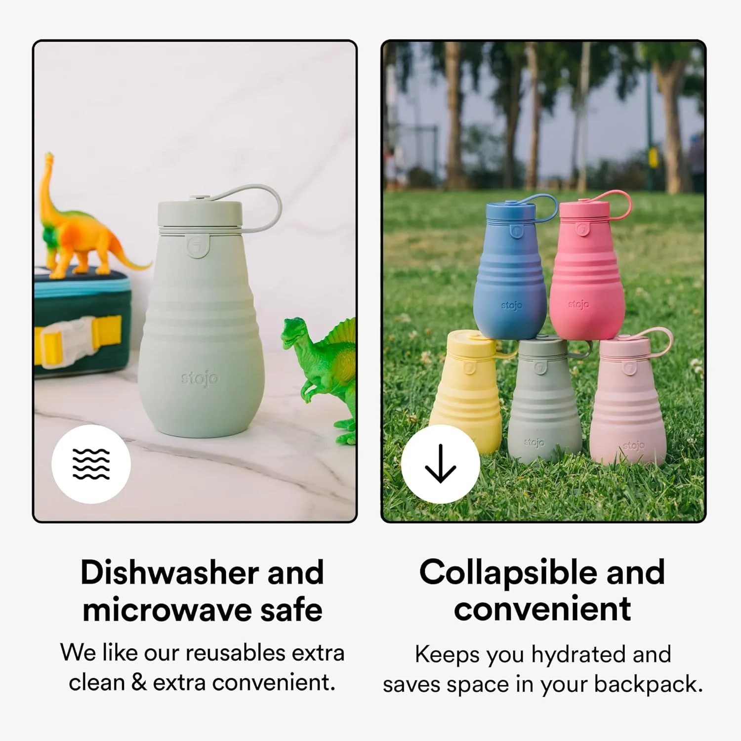 STOJO Jr Collapsible Bottle for Kids - Peony Pink, 14oz / 400ml - Leak-Proof Reusable Silicone Travel Cup for Hot & Cold Drinks - For Home, On-The-Go Camping & Hiking - Microwave & Dishwasher Safe