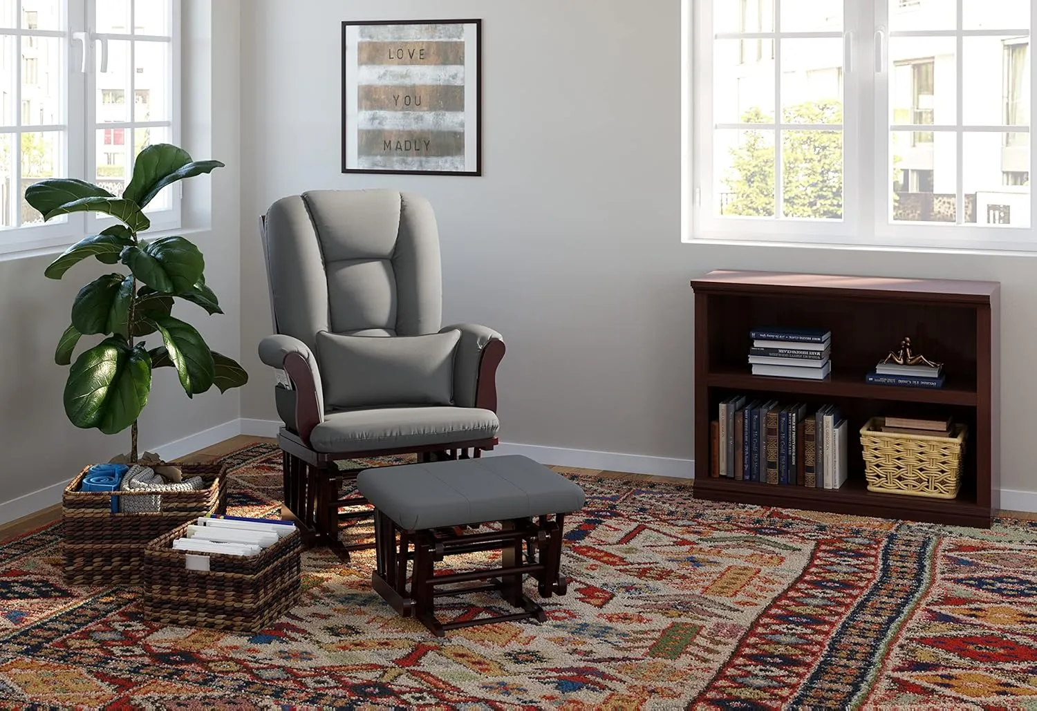 Storkcraft Tuscany Custom Glider and Ottoman with Free Lumbar Pillow (Espresso/Grey) - Cleanable Upholstered Comfort Rocking Nursery Chair with Ottoman