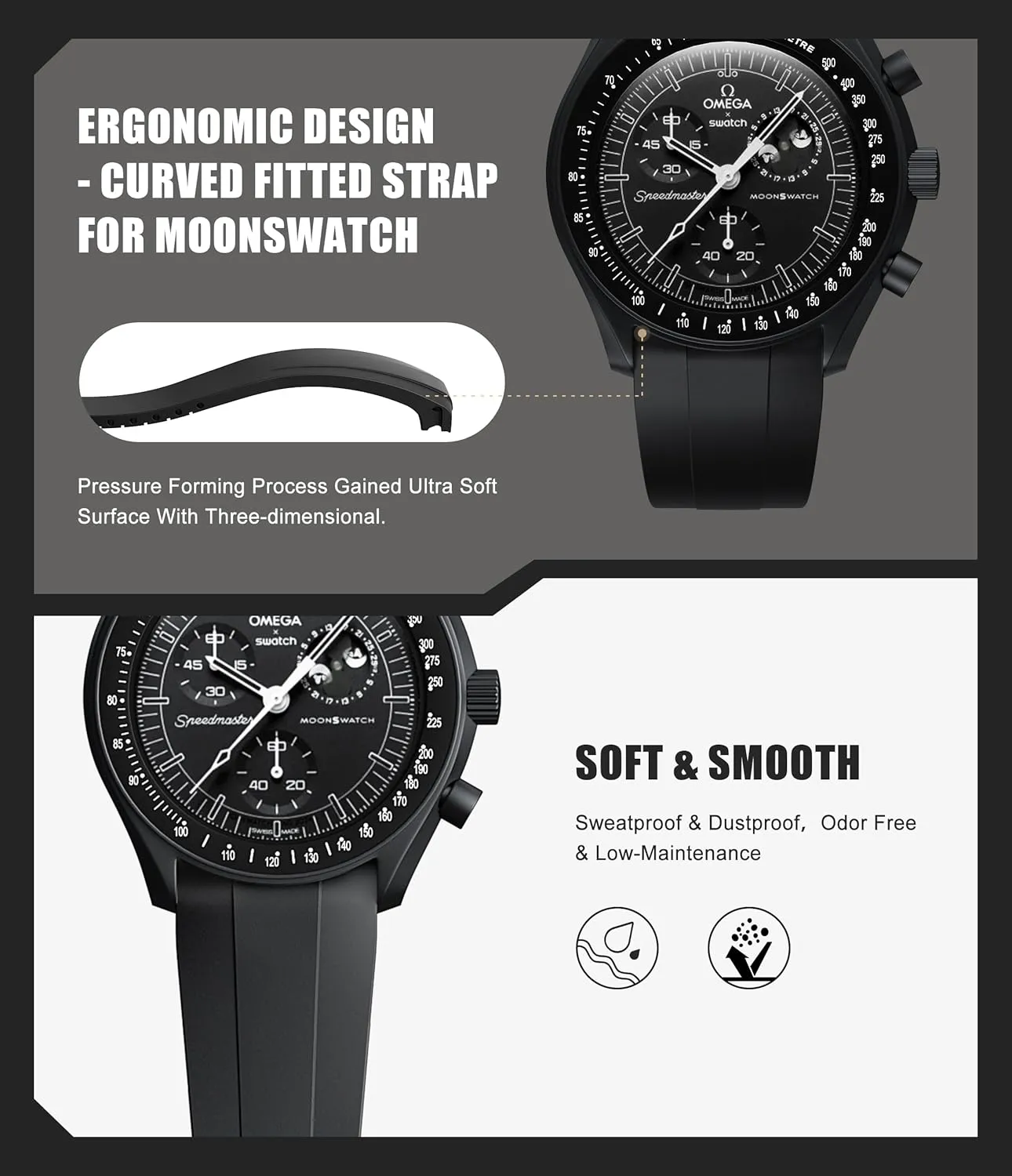 Strap for Moonswatch Watch,Cut to Size No Gap Silicone Strap for Omega X Swatch Speedmaster Moonswatch Watch 20mm,Soft Curved Replacement Strap for Swatch Omega Men Women