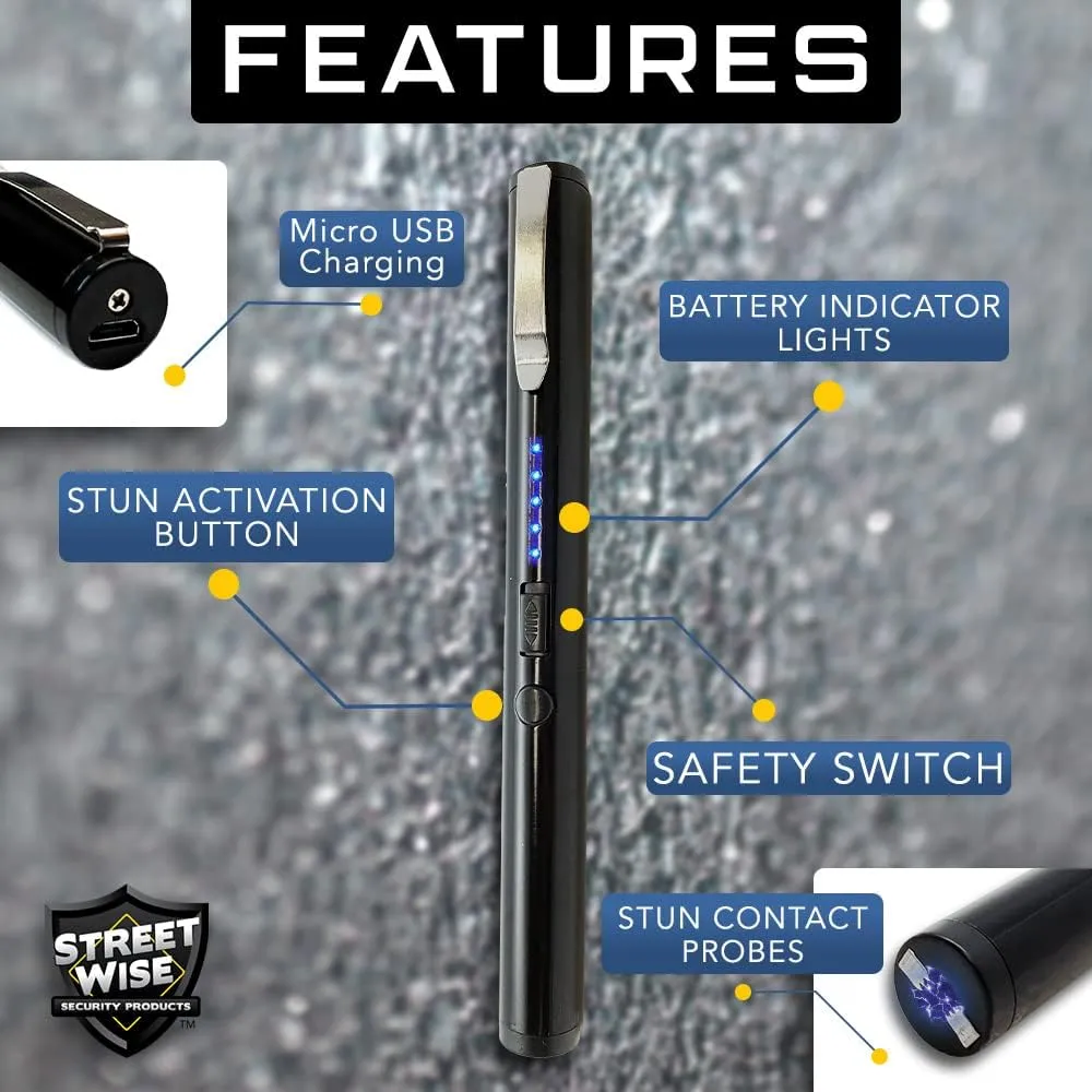 Streetwise Pain Pen 25,000,000 Stun Gun for Self Defense - Tactical Stun Pen for Women and Men, USB Rechargeable, Battery Indicator, Durable Clip, Compact and Concealable for Protection