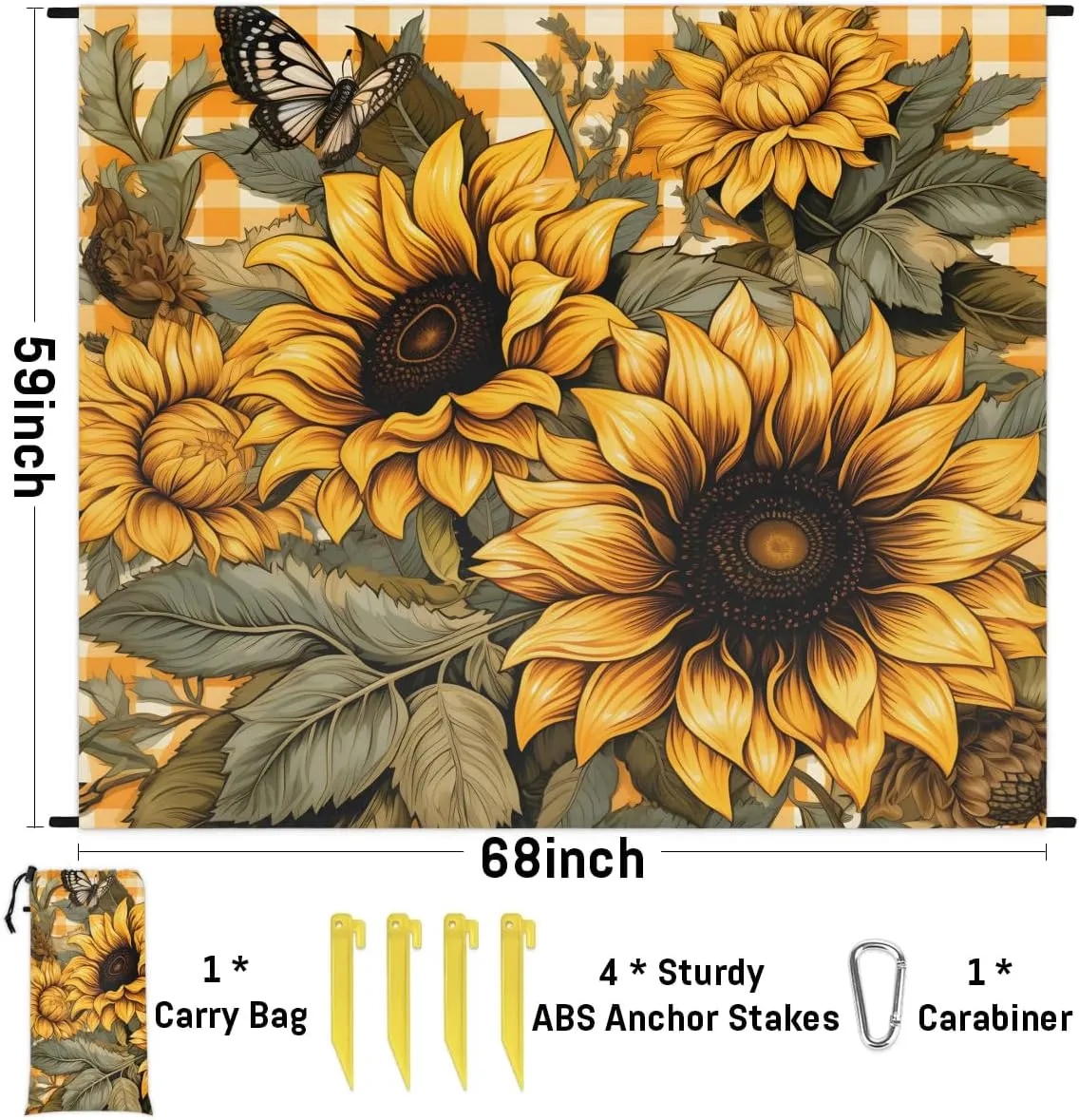 Sunflower Beach Blanket, Sandproof Beach Mat, 68 x 59 Waterproof Quick Drying Sand Free Mat with 4 x Ground Spikes for Outdoor Travel Camping Hiking, Butterfly