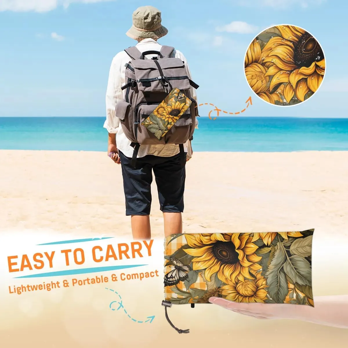 Sunflower Beach Blanket, Sandproof Beach Mat, 68 x 59 Waterproof Quick Drying Sand Free Mat with 4 x Ground Spikes for Outdoor Travel Camping Hiking, Butterfly