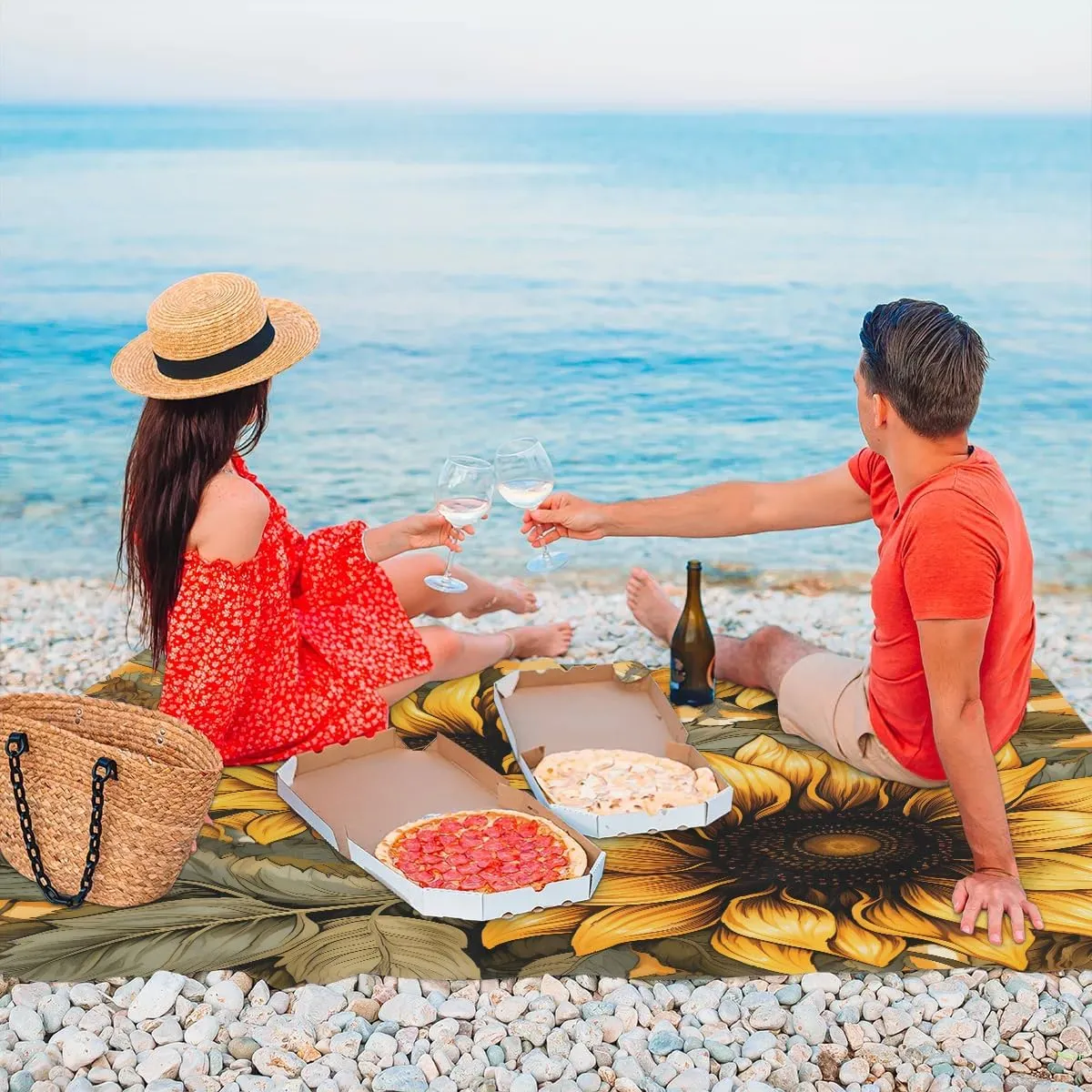 Sunflower Beach Blanket, Sandproof Beach Mat, 68 x 59 Waterproof Quick Drying Sand Free Mat with 4 x Ground Spikes for Outdoor Travel Camping Hiking, Butterfly