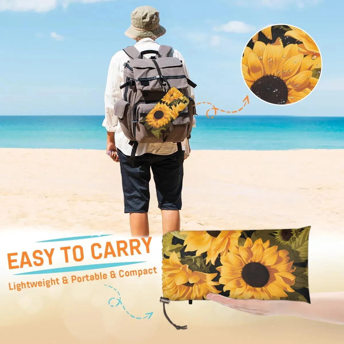 Sunflower Pattern Beach Blanket, Sandproof Beach Mat, 68 x 59 Waterproof Quick Drying Sand Free Mat with 4 x Ground Spikes for Outdoor Travel Camping Hiking, Wild Flowers
