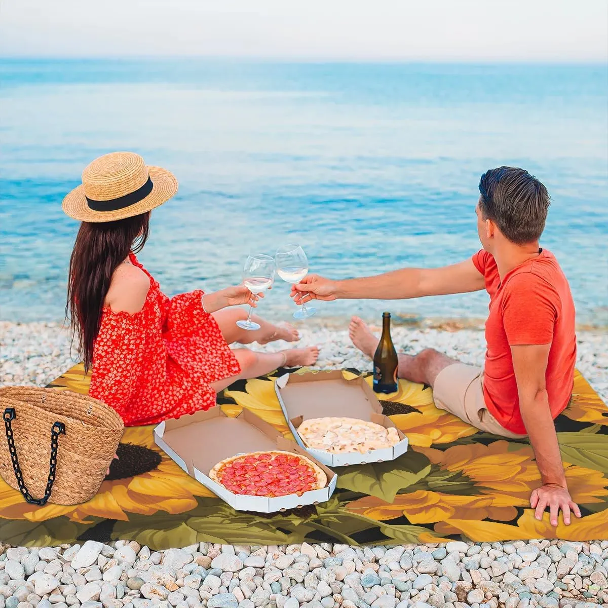 Sunflower Pattern Beach Blanket, Sandproof Beach Mat, 68 x 59 Waterproof Quick Drying Sand Free Mat with 4 x Ground Spikes for Outdoor Travel Camping Hiking, Wild Flowers