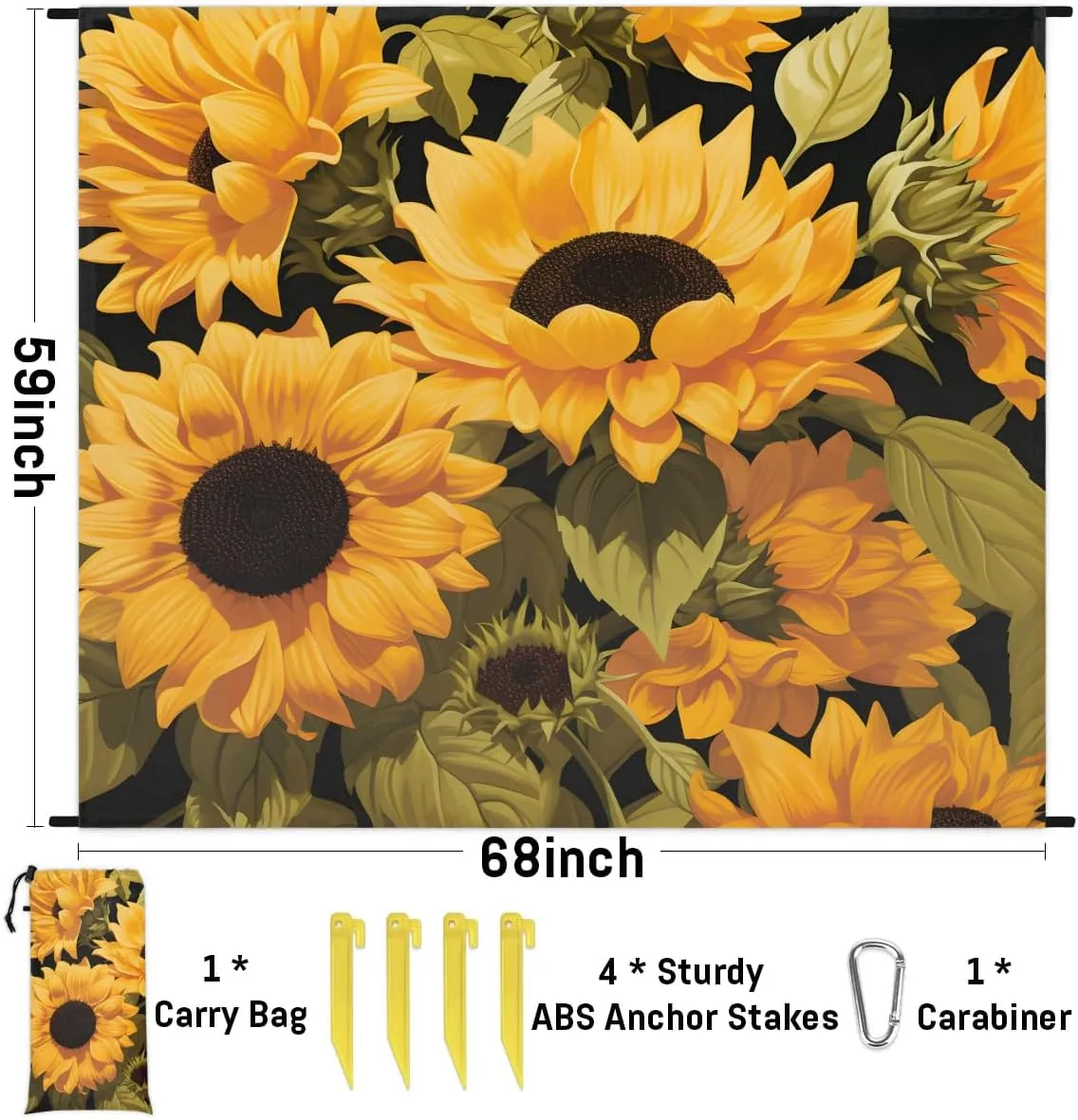 Sunflower Pattern Beach Blanket, Sandproof Beach Mat, 68 x 59 Waterproof Quick Drying Sand Free Mat with 4 x Ground Spikes for Outdoor Travel Camping Hiking, Wild Flowers