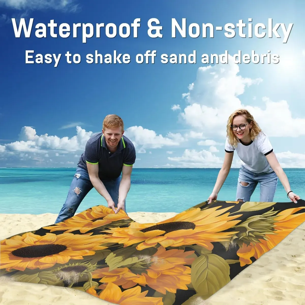 Sunflower Pattern Beach Blanket, Sandproof Beach Mat, 68 x 59 Waterproof Quick Drying Sand Free Mat with 4 x Ground Spikes for Outdoor Travel Camping Hiking, Wild Flowers
