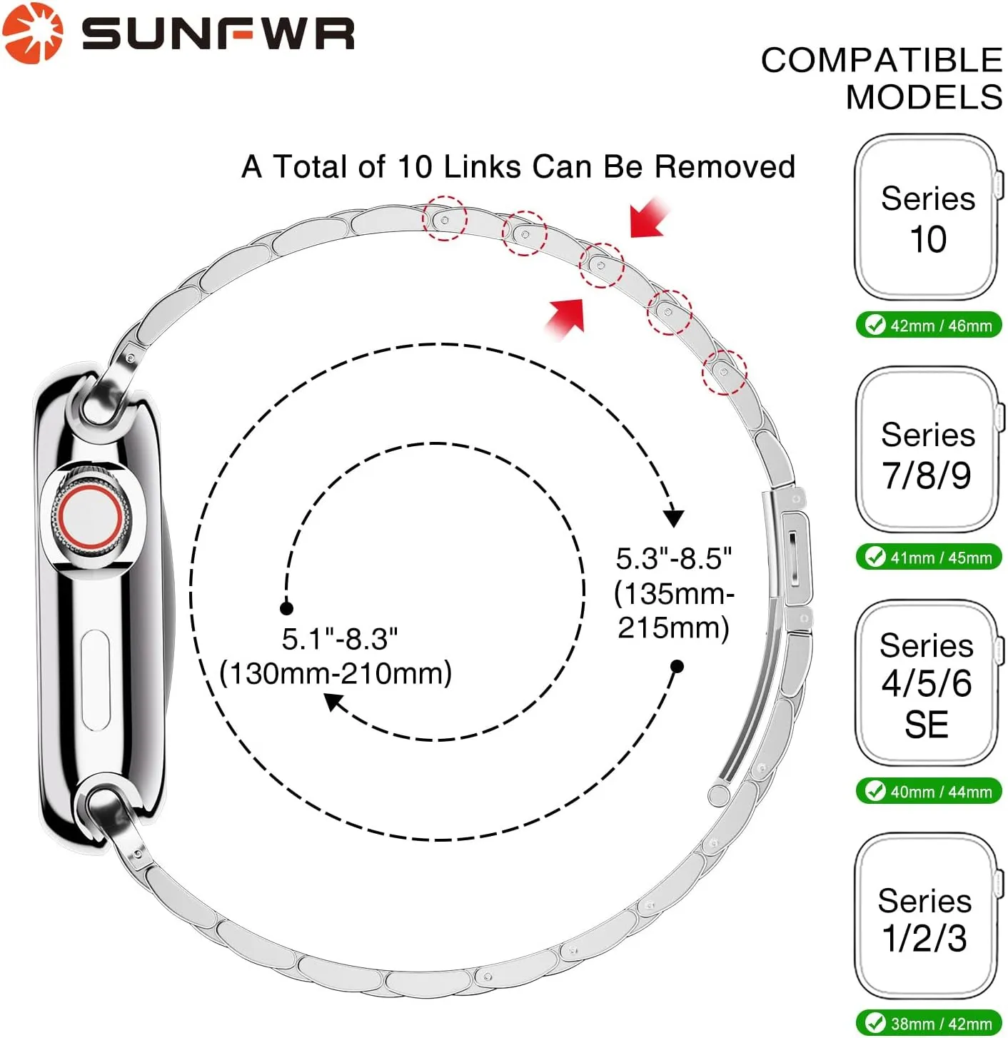 SUNFWR Compatible with Apple Watch Band 45mm 44mm 42mm for Men Women, Stainless Steel Metal iWatch Band with Case for Apple Watch Series 9/8/7/6/5/4/3/2/1/SE/SE2 (Silver, 42mm/44mm/45mm)