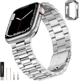 SUNFWR Compatible with Apple Watch Band 45mm 44mm 42mm for Men Women, Stainless Steel Metal iWatch Band with Case for Apple Watch Series 9/8/7/6/5/4/3/2/1/SE/SE2 (Silver, 42mm/44mm/45mm)