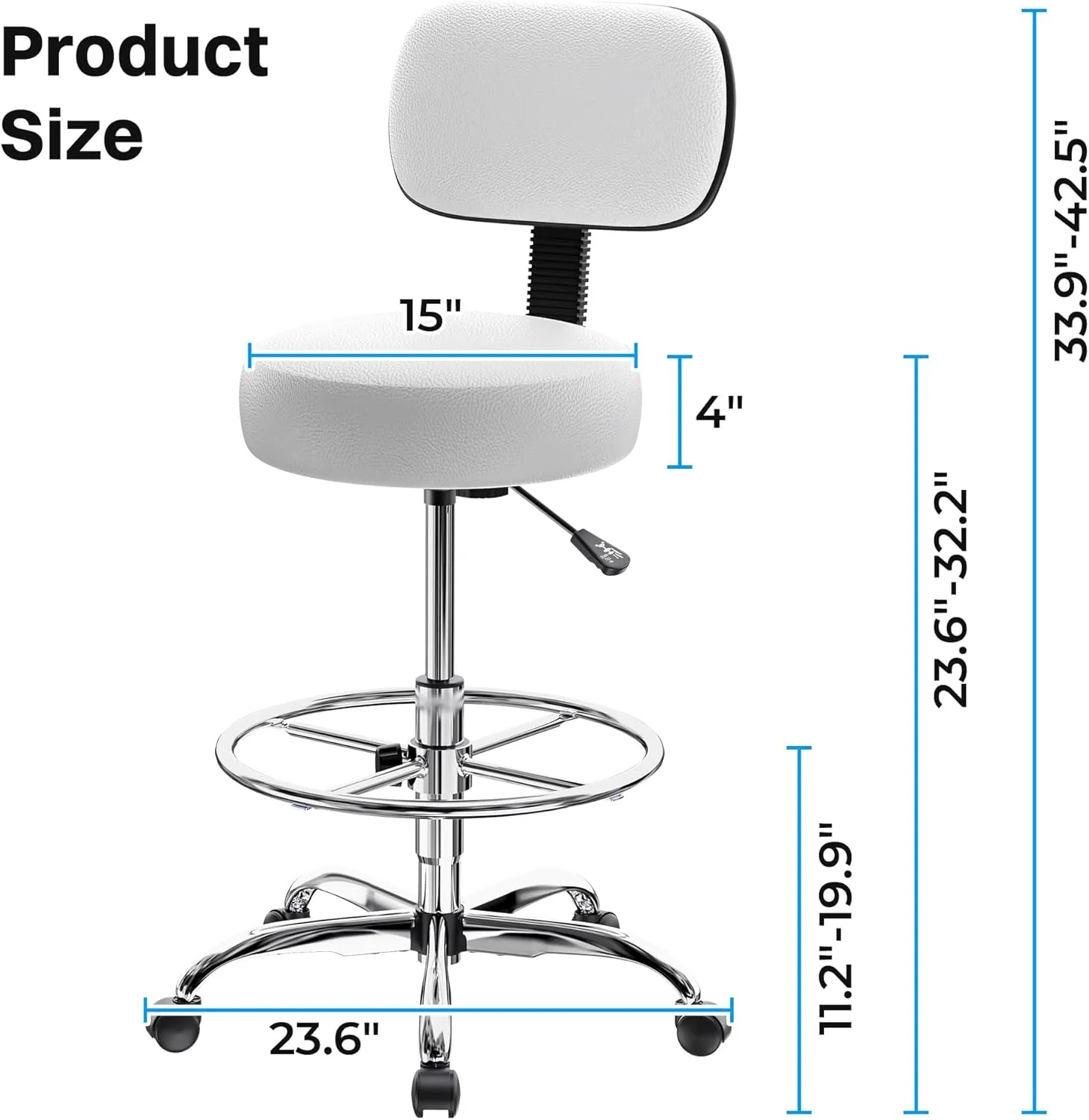 SUPERJARE Drafting Chair with Back, Adjustable Foot Rest Rolling Stool, Multi-Purpose Office Desk Chair, Thick Seat Cushion for Home Bar Kitchen Shop - White