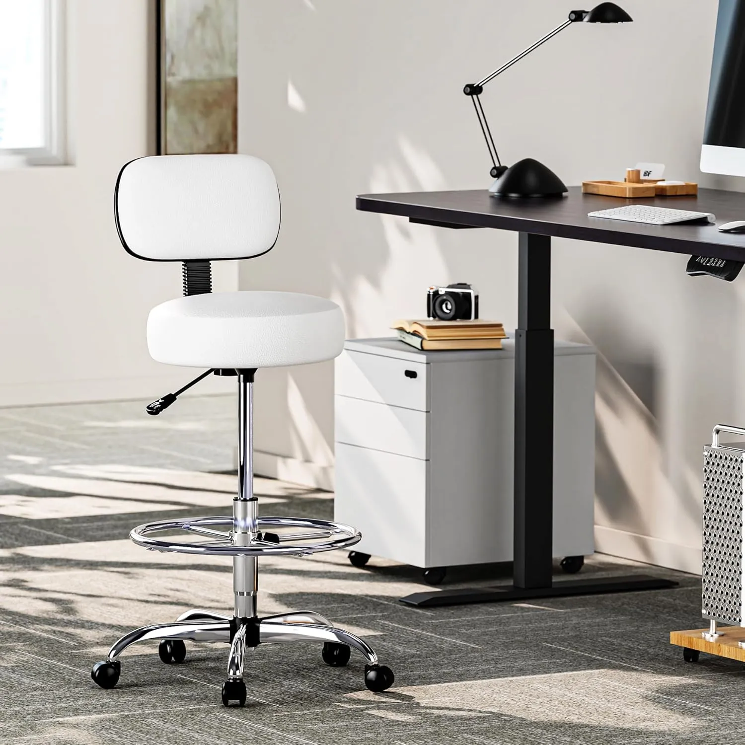 SUPERJARE Drafting Chair with Back, Adjustable Foot Rest Rolling Stool, Multi-Purpose Office Desk Chair, Thick Seat Cushion for Home Bar Kitchen Shop - White