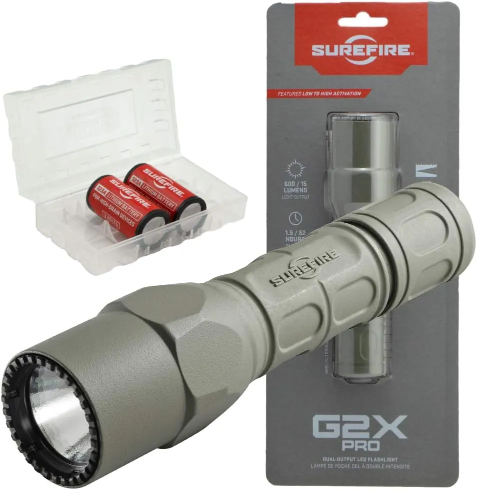 SureFire G2X Pro 600 Lumen Tactical EDC Flashlight Bundle with 2 Extra CR123A Batteries and Lightjunction Battery Case (Green)