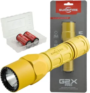 SureFire G2X Pro 600 Lumen Tactical EDC Flashlight Bundle with 2 Extra Surefire CR123A Batteries and Lightjunction Battery Case (Yellow)