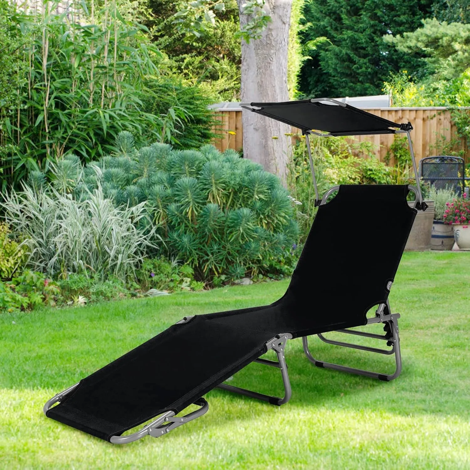 Tangkula Outdoor Folding Chaise Lounge Chair, 5-Fold Reclining Beach Chair, Patio Recliner Chair w/ 360° Canopy Shade & Side Storage Pocket, Portable Chaise Lounge for Beach, Sunbathing (1, Black)
