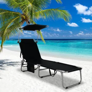 Tangkula Outdoor Folding Chaise Lounge Chair, 5-Fold Reclining Beach Chair, Patio Recliner Chair w/ 360° Canopy Shade & Side Storage Pocket, Portable Chaise Lounge for Beach, Sunbathing (1, Black)