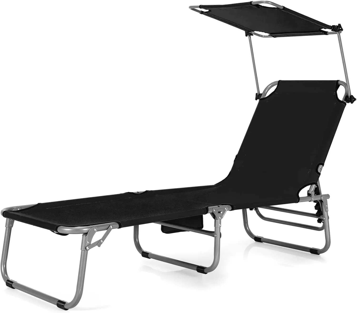 Tangkula Outdoor Folding Chaise Lounge Chair, 5-Fold Reclining Beach Chair, Patio Recliner Chair w/ 360° Canopy Shade & Side Storage Pocket, Portable Chaise Lounge for Beach, Sunbathing (1, Black)