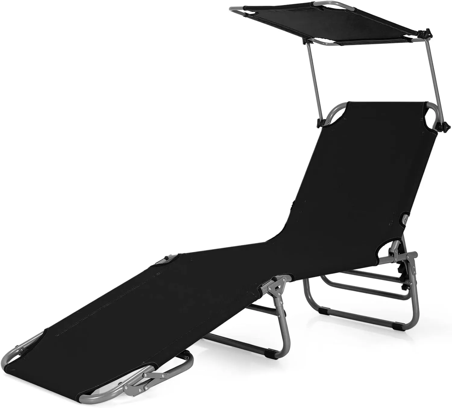 Tangkula Outdoor Folding Chaise Lounge Chair, 5-Fold Reclining Beach Chair, Patio Recliner Chair w/ 360° Canopy Shade & Side Storage Pocket, Portable Chaise Lounge for Beach, Sunbathing (1, Black)