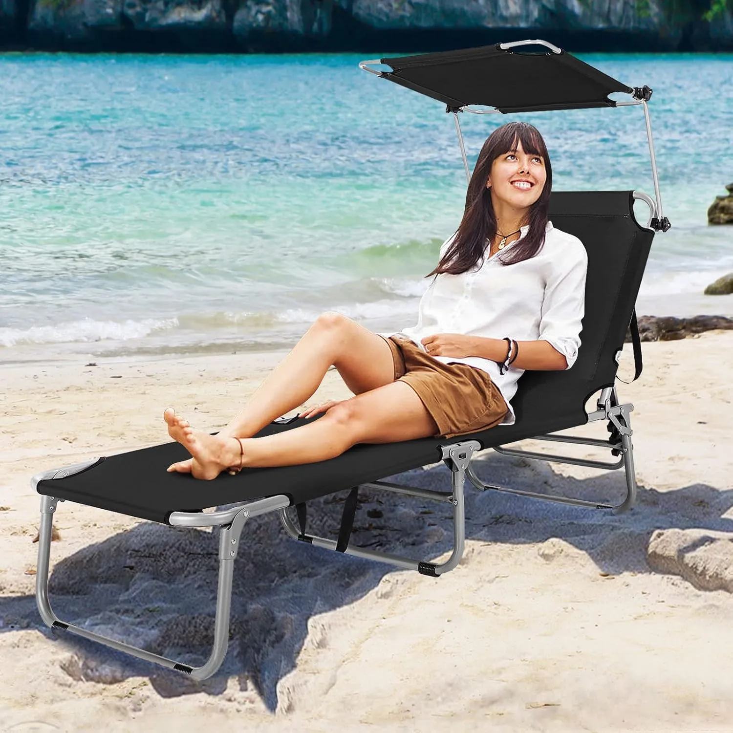 Tangkula Outdoor Folding Chaise Lounge Chair, 5-Fold Reclining Beach Chair, Patio Recliner Chair w/ 360° Canopy Shade & Side Storage Pocket, Portable Chaise Lounge for Beach, Sunbathing (1, Black)