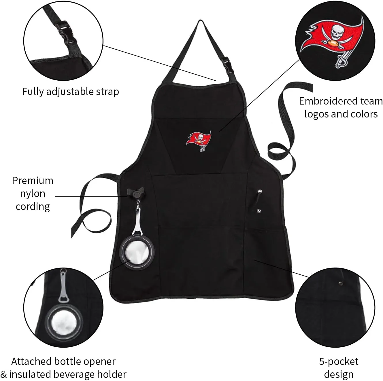 Team Sports America NFL Ultimate Grilling Apron with Bottle Opener and Insulated Beverage Holder, Adjustable Straps Men Women