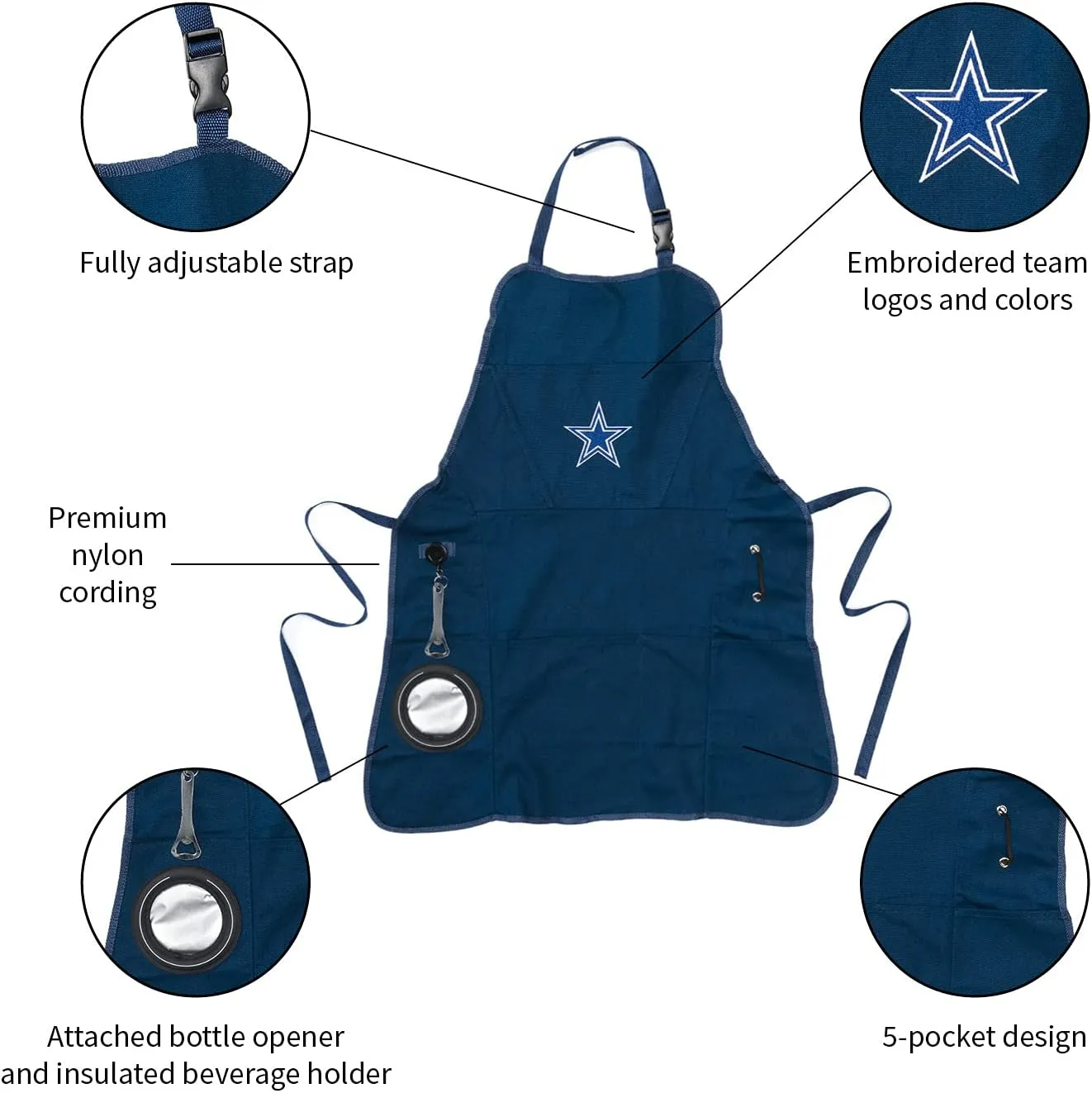 Team Sports America NFL Ultimate Grilling Apron with Bottle Opener and Insulated Beverage Holder, Adjustable Straps Men Women