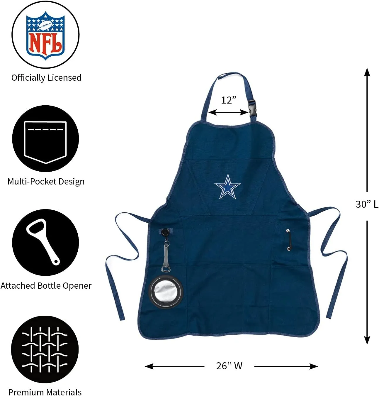 Team Sports America NFL Ultimate Grilling Apron with Bottle Opener and Insulated Beverage Holder, Adjustable Straps Men Women