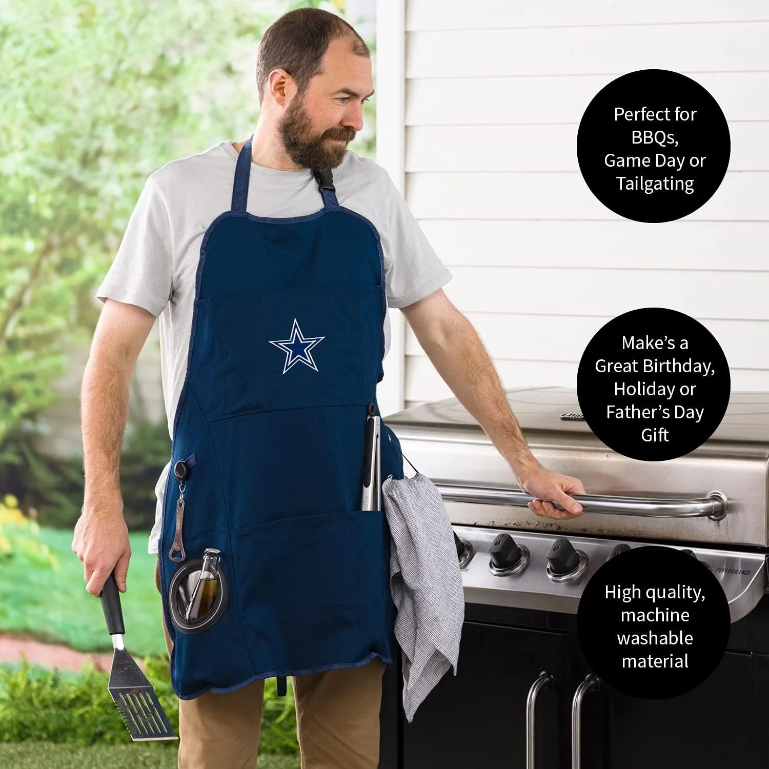 Team Sports America NFL Ultimate Grilling Apron with Bottle Opener and Insulated Beverage Holder, Adjustable Straps Men Women
