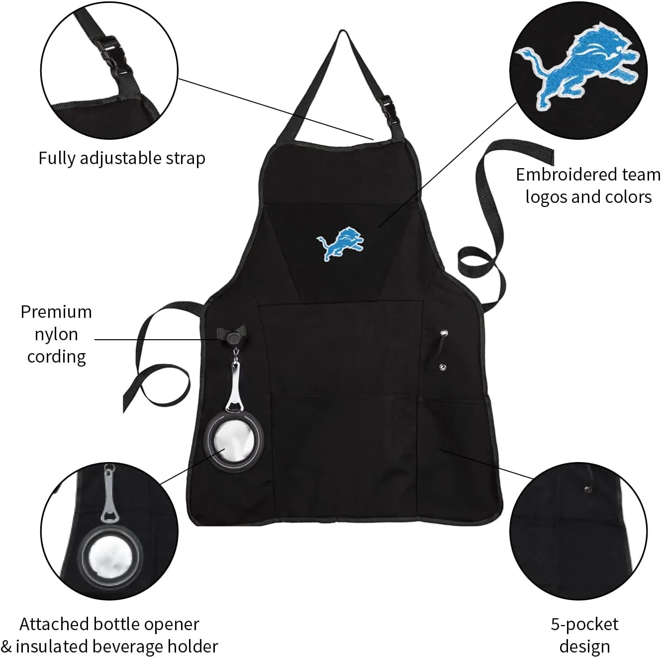 Team Sports America NFL Ultimate Grilling Apron with Bottle Opener and Insulated Beverage Holder, Adjustable Straps Men Women