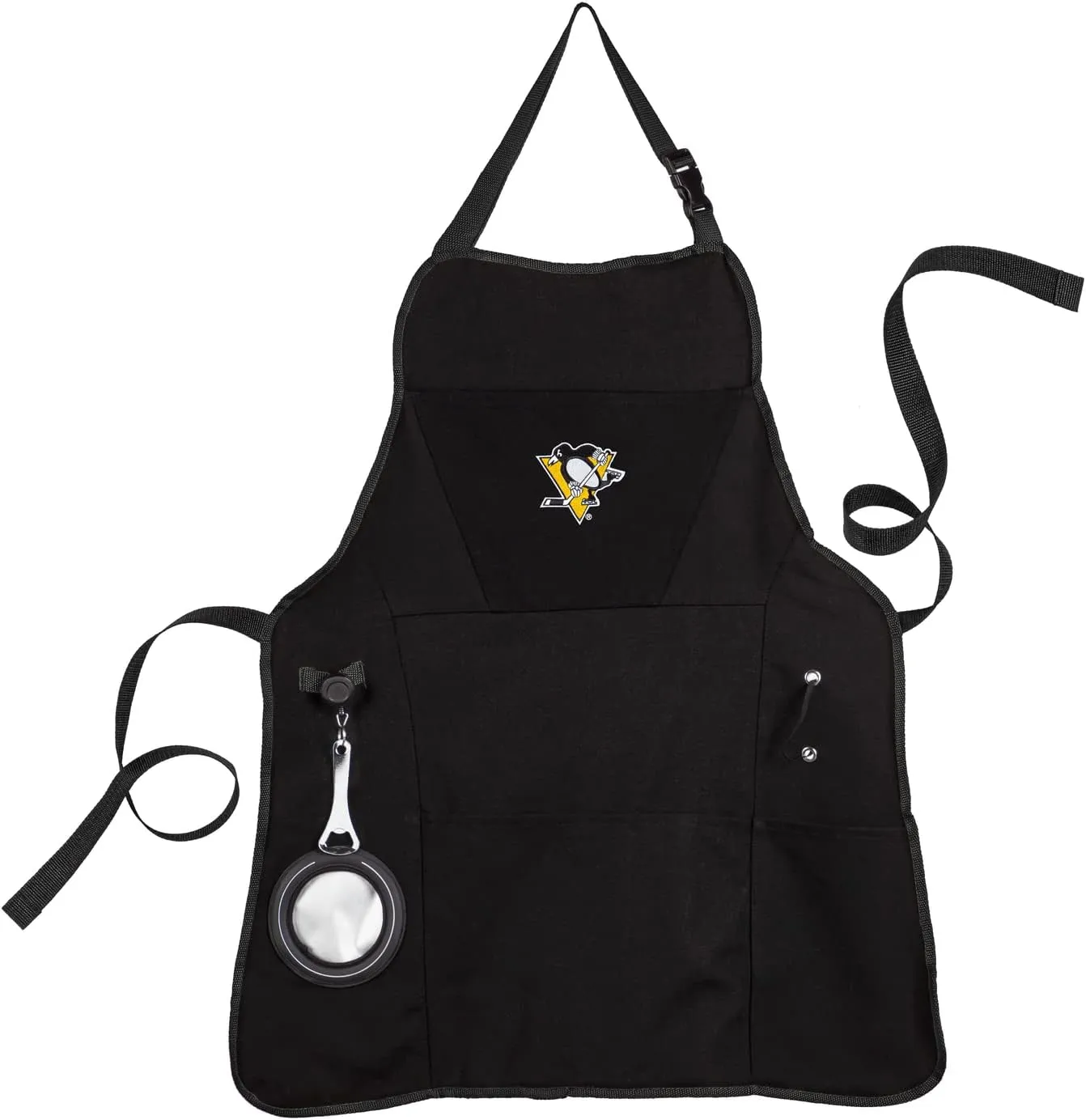 Team Sports America Outdoor NHL Black Grilling Apron | Pittsburgh Penguins | Made of Durable Cotton | Beverage Opener and Multi-Tool | Sports and Tailgaiting Apparel
