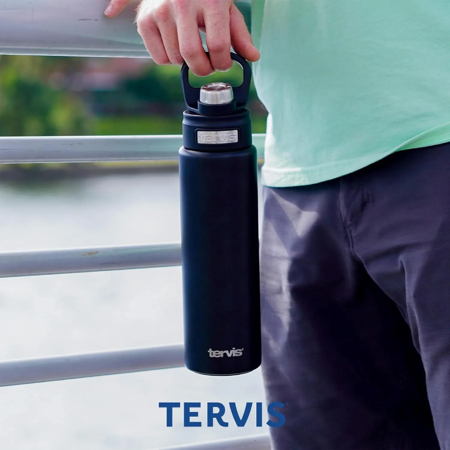 Tervis USA Land of The Free Map Engraved on Deepwater Blue Triple Walled Insulated Tumbler Travel Cup Keeps Drinks Cold, 24oz Wide Mouth Bottle, Deepwater Blue
