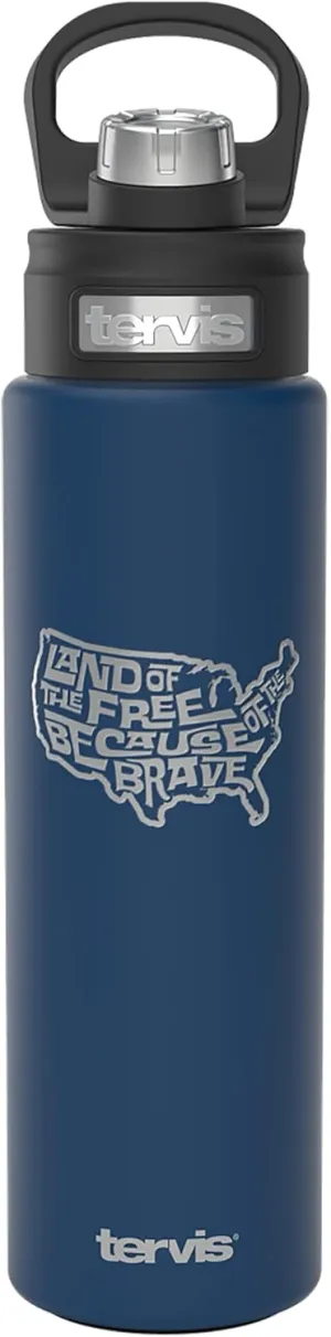 Tervis USA Land of The Free Map Engraved on Deepwater Blue Triple Walled Insulated Tumbler Travel Cup Keeps Drinks Cold, 24oz Wide Mouth Bottle, Deepwater Blue