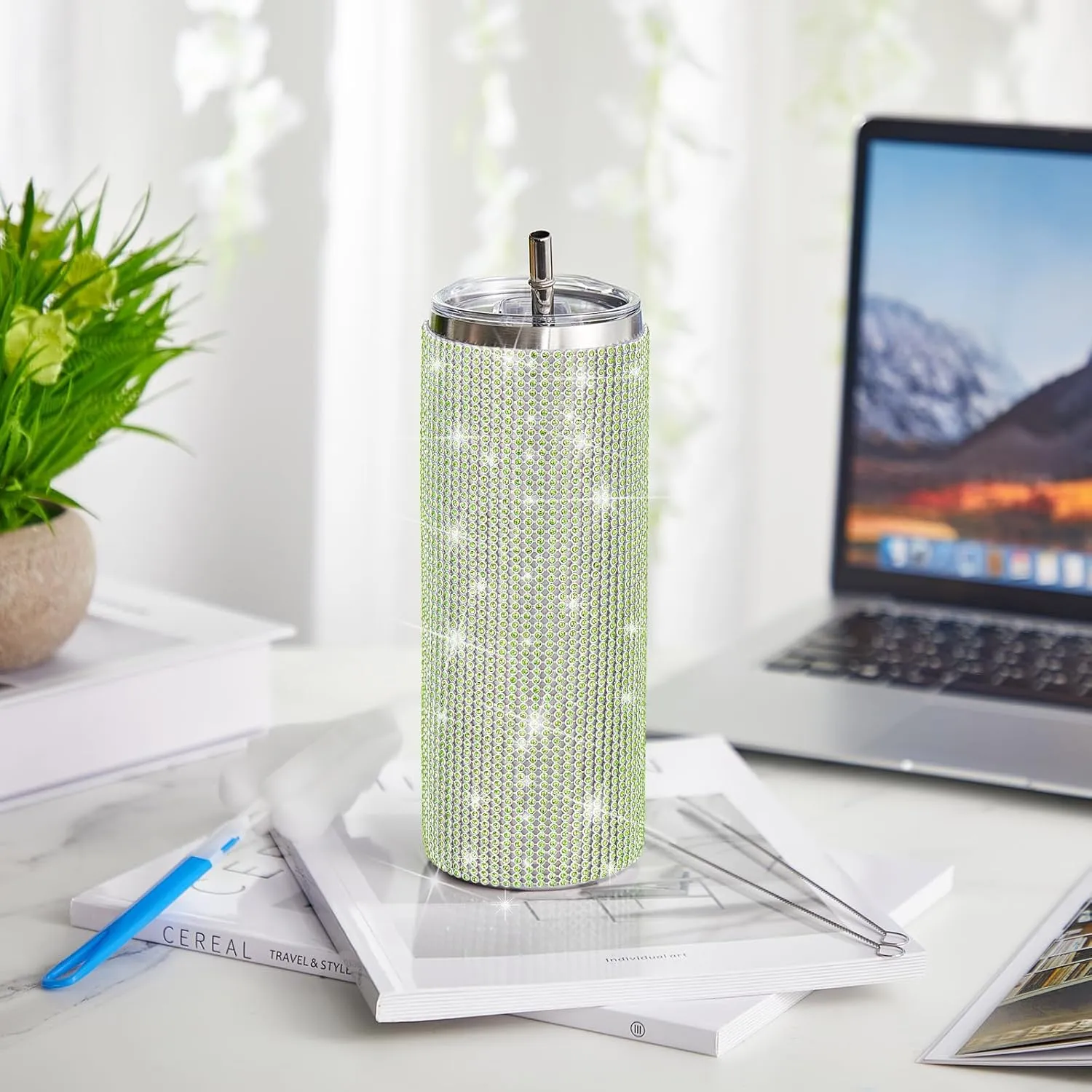 Tessco Bling Cups Rhinestones Tumbler with Straw Glitter Water Bottle Stainless Steel Straw Tumbler Insulated Bling Cup with Lid Brush for Teacher Graduation Season Gifts(20 oz,Green)